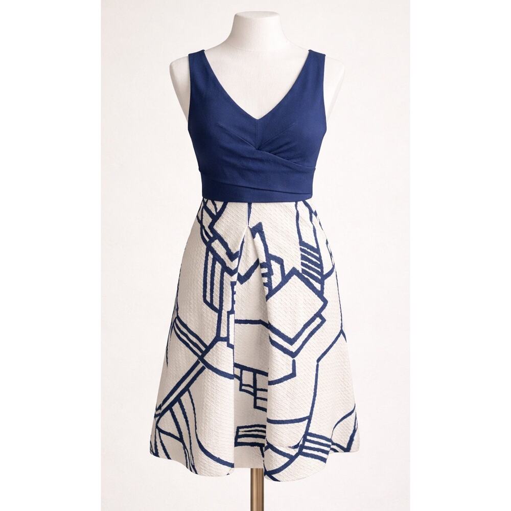 Anthropologie HD in Paris Ardmore Dress Navy White Geometric Fit Flare Women 0